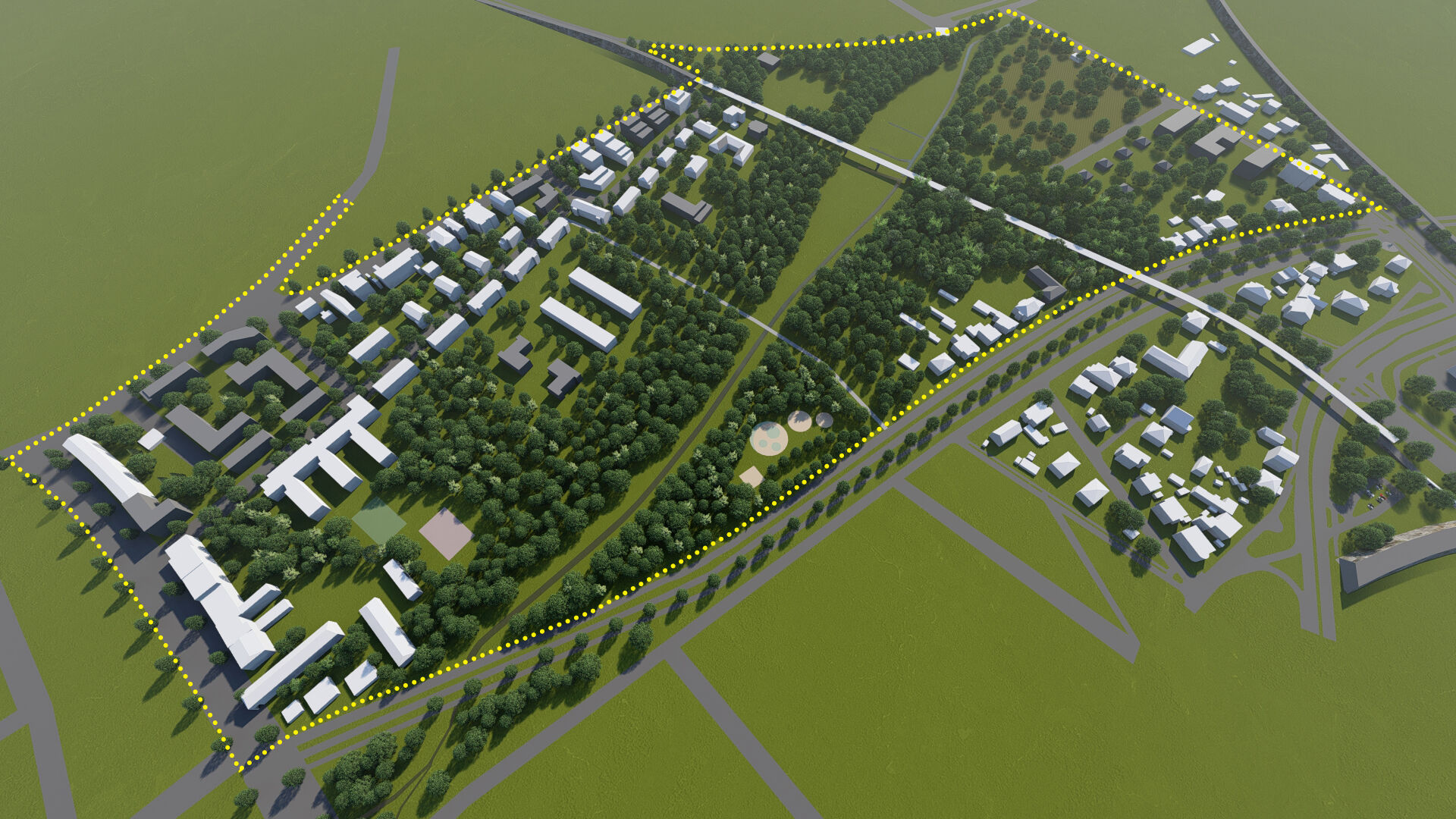 Wizualizacja. Propozycja zagospodarowania terenu wg projektu planu miejscowego. Model terenu przedstawiający Park im. Adama Wodziczki z projektowanymi terenami zieleni, istniejące i projektowane budynki oraz układ komunikacyjny.