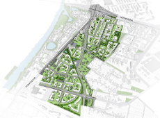 model 3D. Wizualizacja przedstawia Bryły projektowanej zabudowy, osiedla wielorodzinnego. Kolorem zielonym podkreślono tereny zieleni i drzewa. Do góry wzdłuż ulicy napis: Hetmańska, z lewej strony: Starołęcka