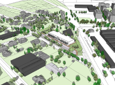 model 3D. Wizualizacja przedstawia widok z góry. Bryły istniejącej zabudowy, w centalnej części biała bryła projektowanej zabudowy. Kolorem zielonym podkreślono tereny zieleni i drzewa.