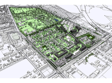 model 3D. Wizualizacja, widok z góry. Widoczne proste, białe bryły istniejącej zabudowy oraz szare bryły projektowanej zabudowy. Kolorem zielonym podkreślono tereny zieleni i drzewa między blokami. Z tawej strony wzdłuż ulicy napis: Żeromskiego.