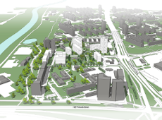 Widok z góry na model 3D obszaru objętego planem. Szare bryły przedstawiają istniejącą zabudowę, kolorem białym wyróżniono planowane budynki. Kolorem zielonym wyróżniono tereny zieleni i drzewa. Na dole napis wzduż ulic: Hetmańska, z prawe strony napis: Zamenhofa.