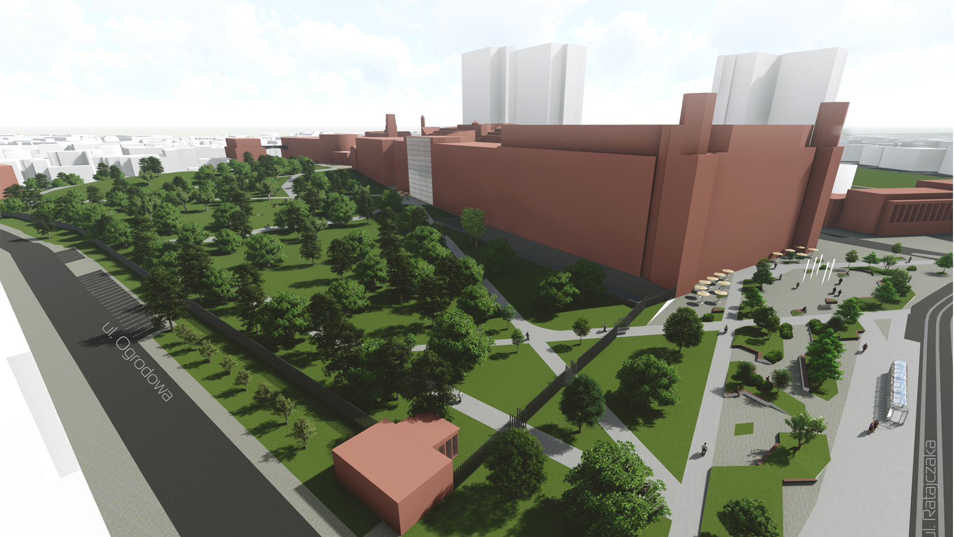 Wizualizacja. Propozycja zagospodarowania terenu wg projektu planu miejscowego. Model budynku Starego Browaru oraz parku przy nim zlokalizowanego.