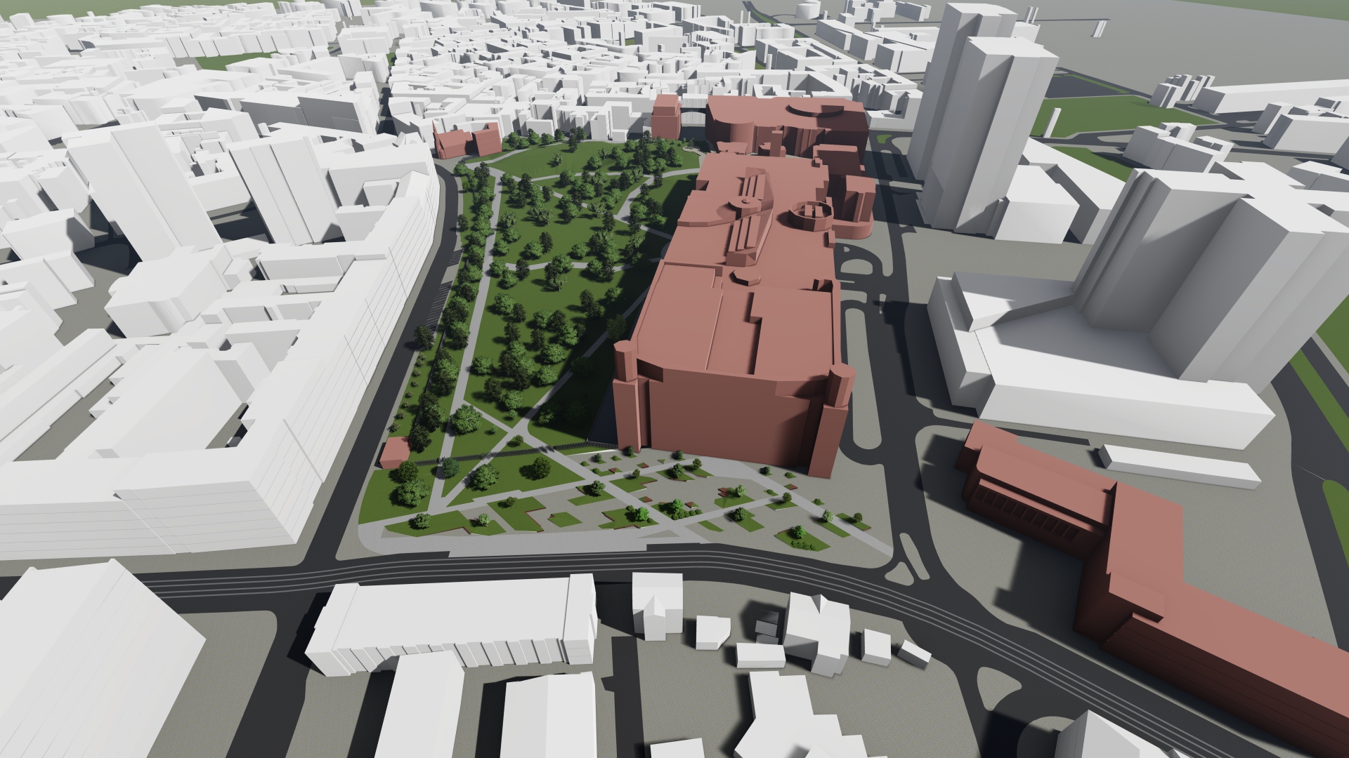 Wizualizacja. Propozycja zagospodarowania terenu wg projektu planu miejscowego. Model budynku Starego Browaru oraz parku przy nim zlokalizowanego.