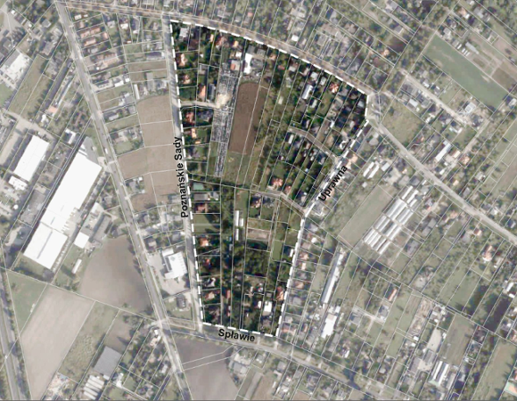 Fragment mapy miasta z zaznaczoną granicą projektu planu.