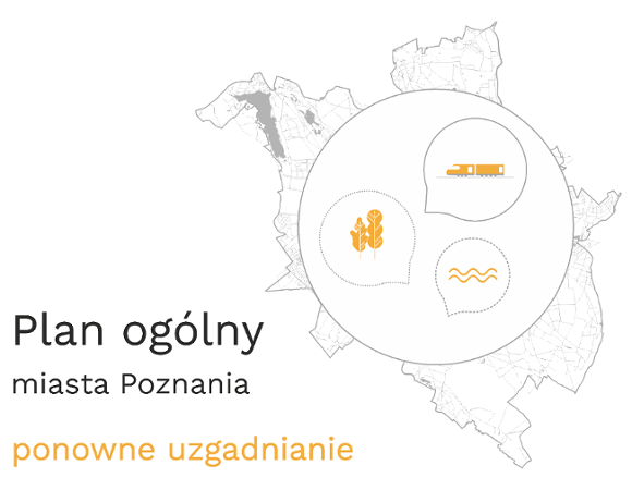 Grafika POG - ponowne uzgadnianie Grafika informująca o ponownym uzgadnianiu - kontur granic Poznania z kołem w środku i ikonami przedstawiającymi wodę, las i komunikację zbiorową