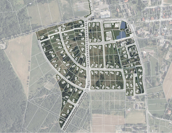 grafika przedstawia widok z góry. Ortofotomapa i białe bryły projektowanych budynków oraz zaznaczone kolorem szarym drogi.