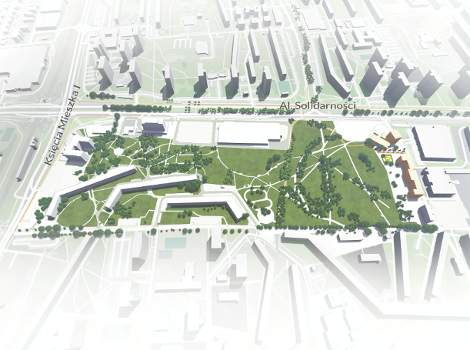 Propozycja zagospodarowania terenu wg projektu mpzp (etap - wyłożenie i dyskusja) model 3D. Wizualizacja przedstawia bryły istniejącej i projektowanej zabudowy. Kolorem zielonym podkreślono tereny zieleni i drzewa.
