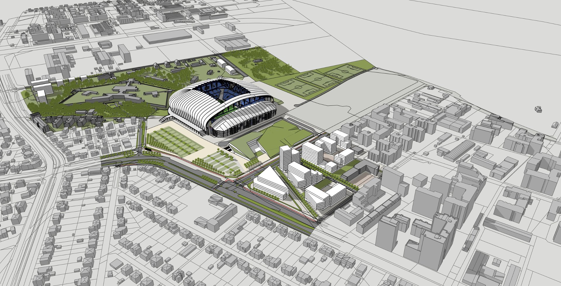 "Rejon Stadionu Miejskiego" - część B - propozycja zagospodarowania terenu według projektu mpzp (etap - wyłożenie do publicznego wglądu) model 3D. Wizualizacja przedstawia bryły istniejącej i projektowanej zabudowy. Kolorem zielonym podkreślono tereny zieleni i drzewa.