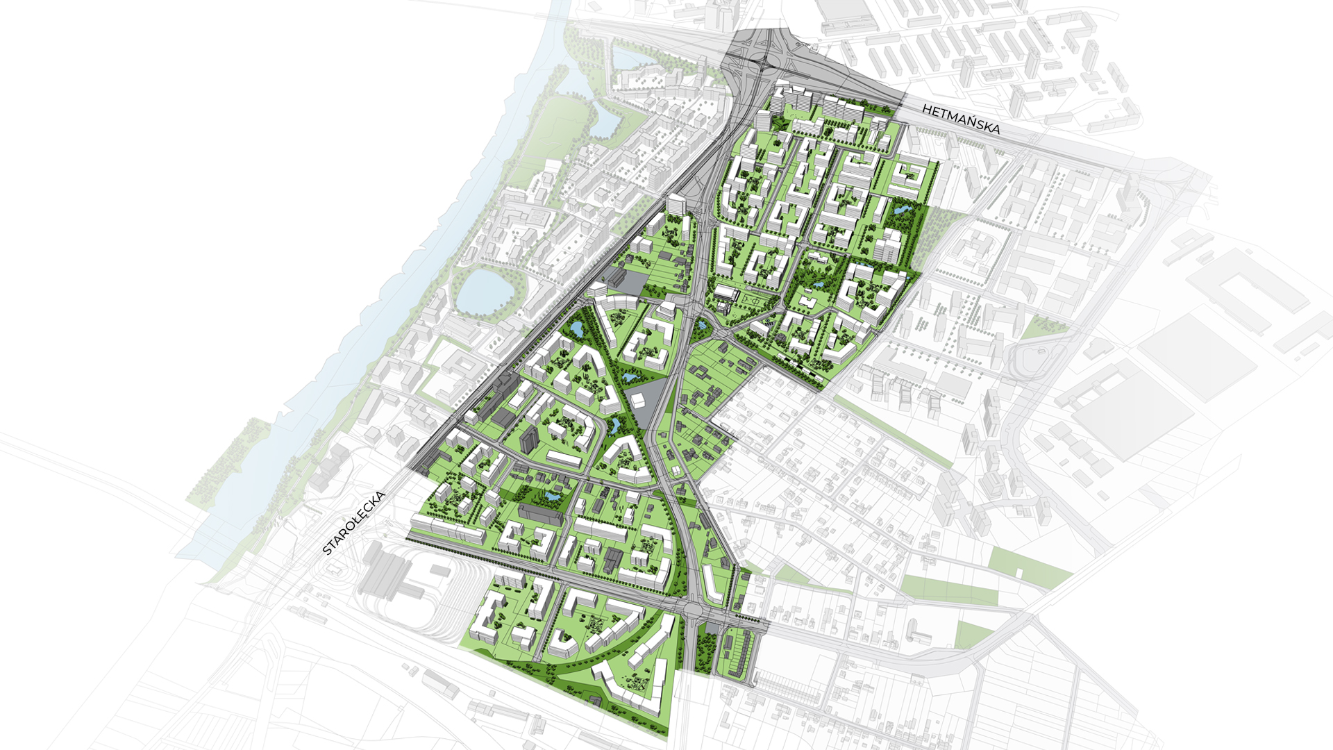model 3D. Wizualizacja przedstawia Bryły projektowanej zabudowy, osiedla wielorodzinnego. Kolorem zielonym podkreślono tereny zieleni i drzewa. Do góry wzdłuż ulicy napis: Hetmańska, z lewej strony: Starołęcka