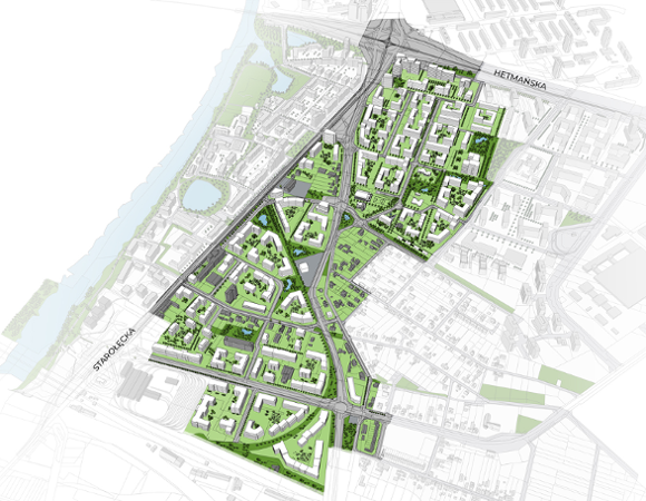 model 3D. Wizualizacja przedstawia Bryły projektowanej zabudowy, osiedla wielorodzinnego. Kolorem zielonym podkreślono tereny zieleni i drzewa. Do góry wzdłuż ulicy napis: Hetmańska, z lewej strony: Starołęcka