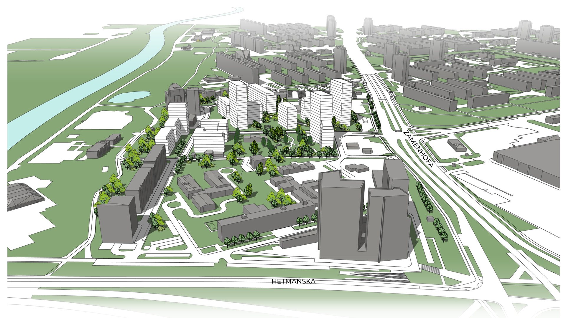 Propozycja zagospodarowania terenu według projektu mpzp (etap - II konsultacje społeczne) model 3D. Wizualizacja przedstawia widok z góry. Bryły istniejącej i projektowanej zabudowy. Kolorem zielonym podkreślono tereny zieleni i drzewa. Niebieskim kolorem zaznaczono wody.