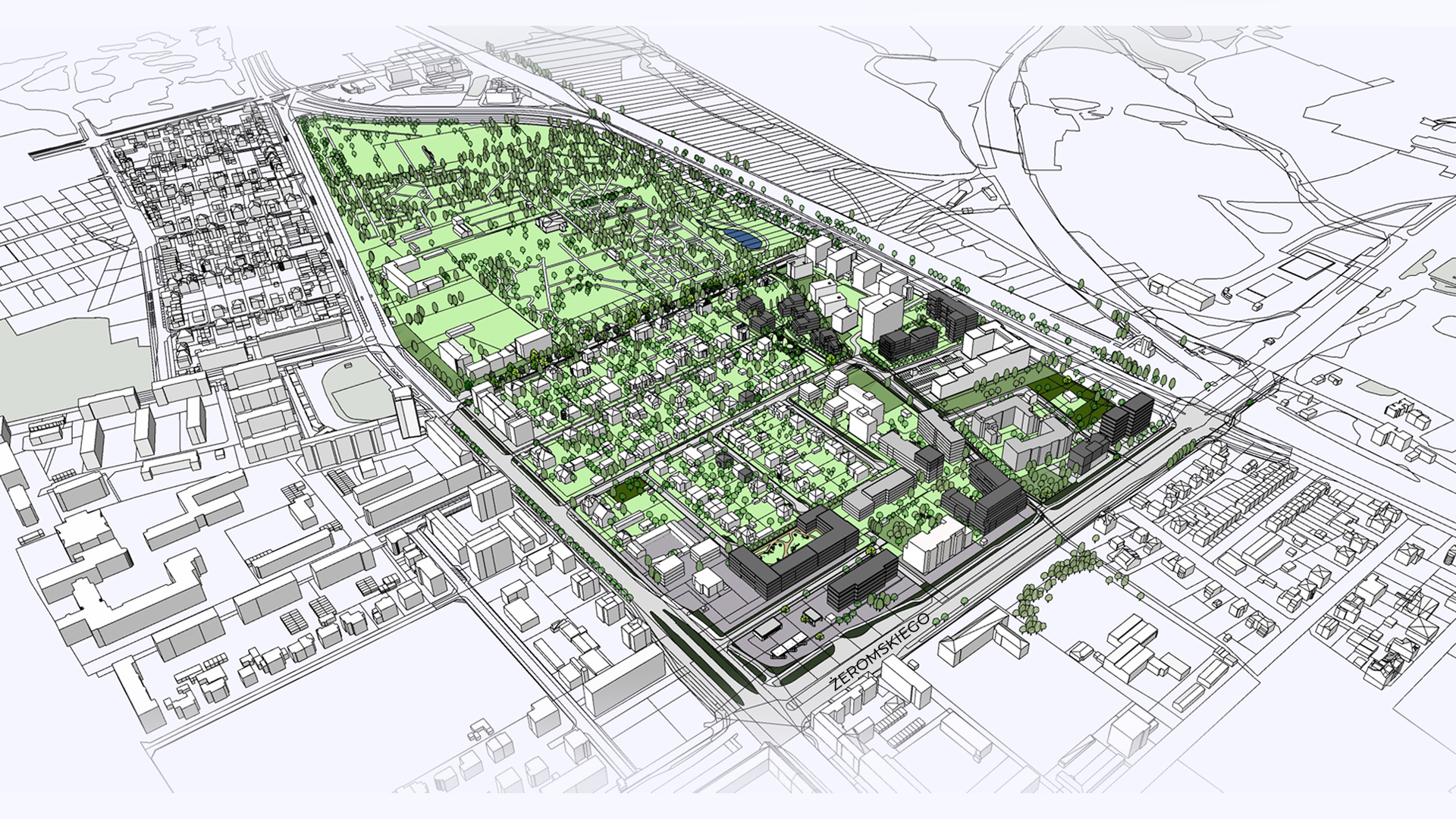 Propozycja zagospodarowania terenu według projektu mpzp (etap - II konsultacje społeczne) model 3D. Wizualizacja przedstawia widok z góry. Bryły istniejącej i projektowanej zabudowy. Kolorem zielonym podkreślono tereny zieleni i drzewa.