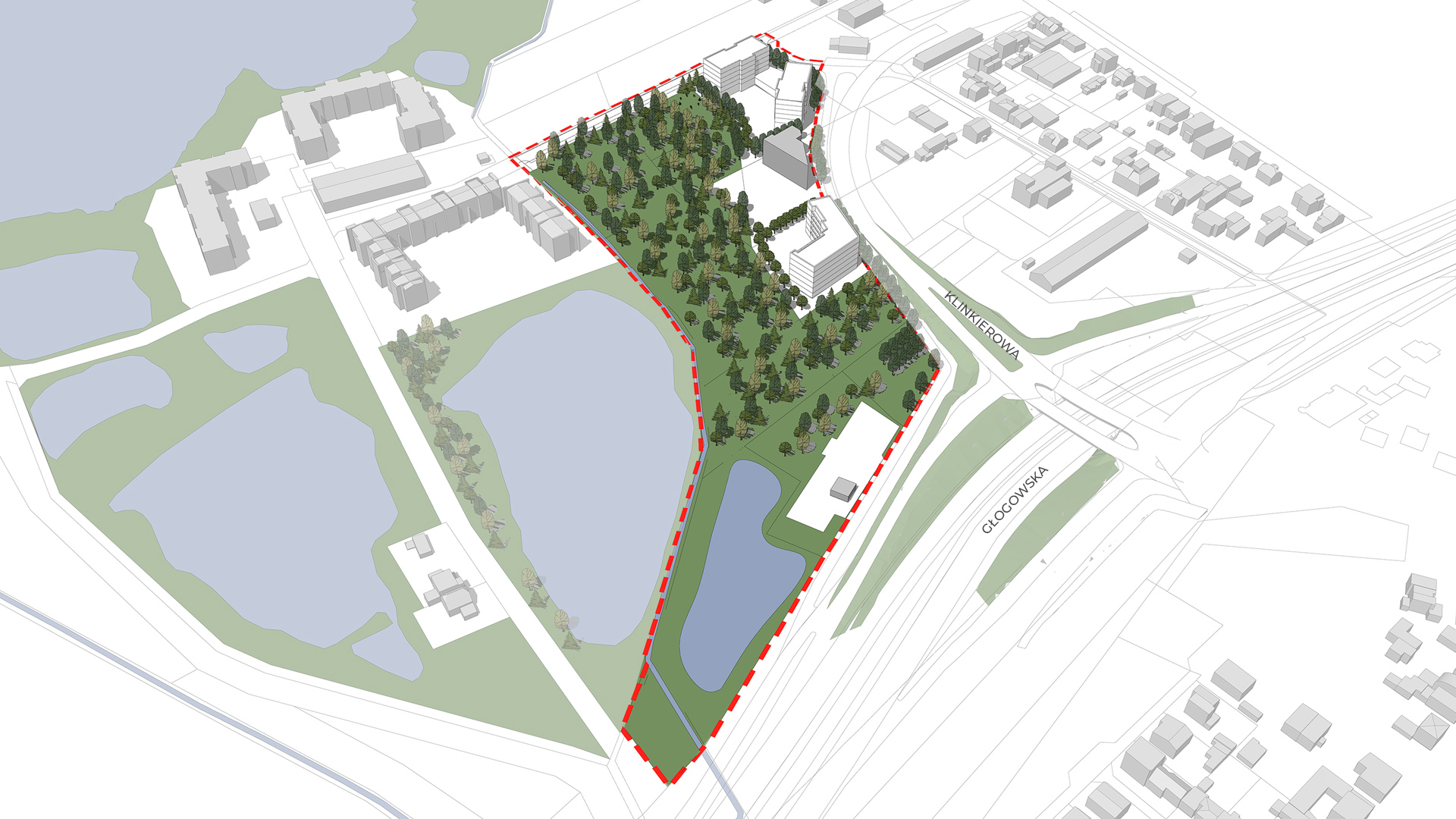 Kolejny plan uchwalony - w rejonie ulicy Klinkierowej w Poznaniu model 3D. Wizualizacja przedstawia widok z góry. Bryły istniejącej i projektowanej zabudowy. Kolorem zielonym podkreślono tereny zieleni i drzewa. Niebieskim kolorem zaznaczono wody.