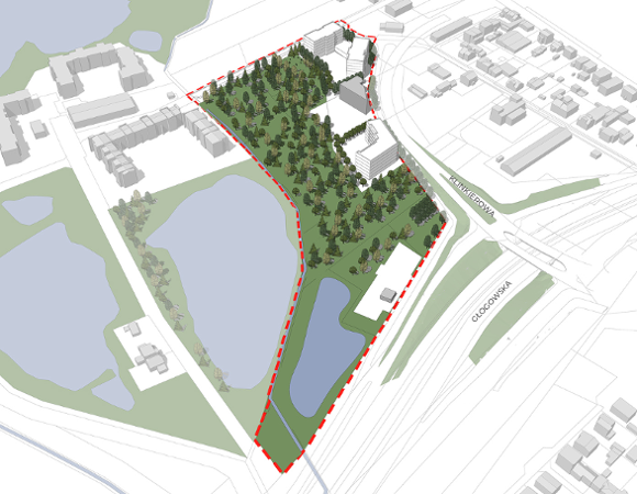 model 3D. Wizualizacja przedstawia widok z góry. Bryły istniejącej i projektowanej zabudowy. Kolorem zielonym podkreślono tereny zieleni i drzewa. Niebieskim kolorem zaznaczono wody.