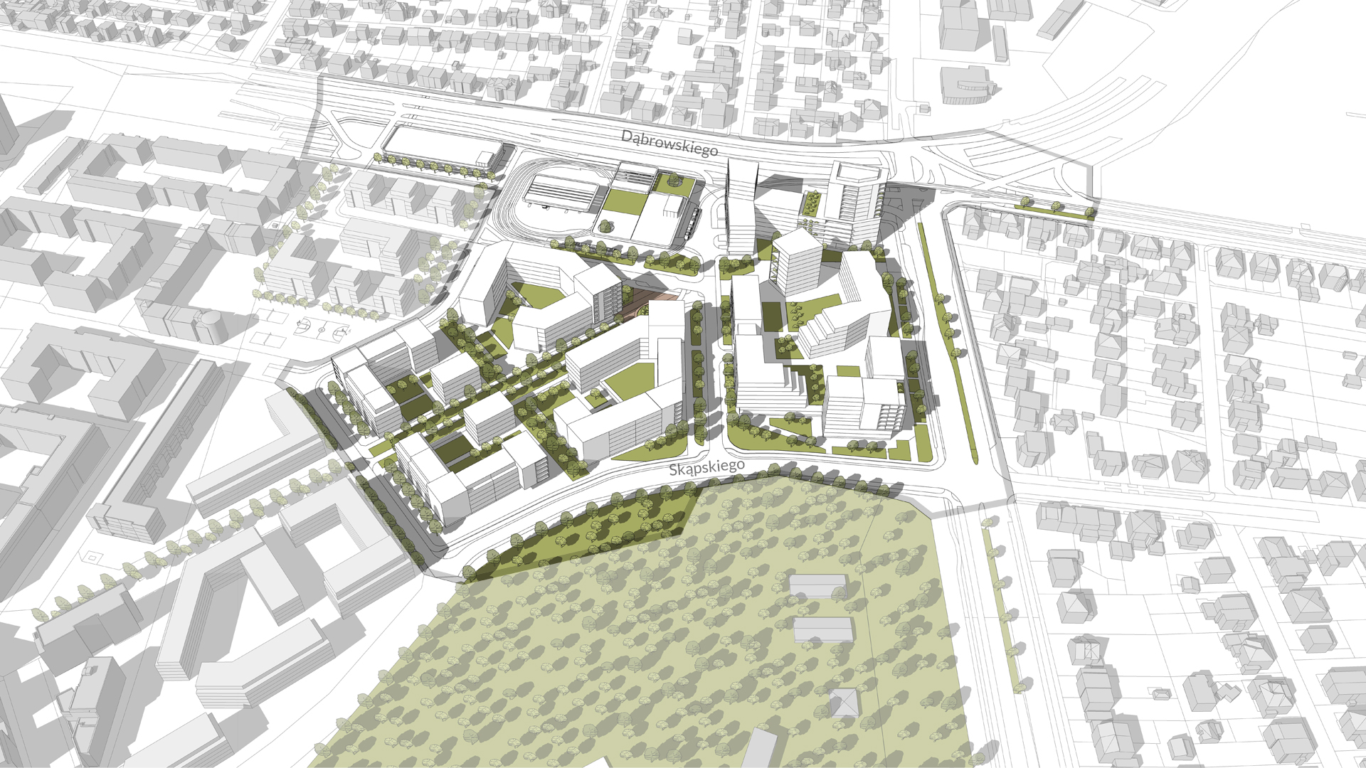 Propozycja zagospodarowania terenu według projektu mpzp (etap - II konsultacje społeczne) model 3D. Wizualizacja przedstawia widok z góry. Bryły istniejącej i projektowanej zabudowy. Kolorem zielonym podkreślono tereny zieleni i drzewa. W północnej części widoczna pętla tramwajowo - autobusowa.