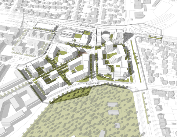 model 3D. Wizualizacja przedstawia widok z góry. Bryły istniejącej i projektowanej zabudowy. Kolorem zielonym podkreślono tereny zieleni i drzewa. W północnej części widoczna pętla tramwajowo - autobusowa.