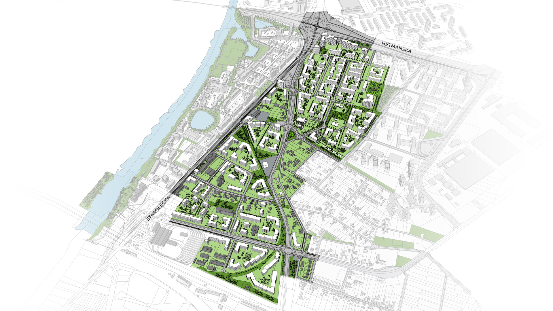 Propozycja zagospodarowania terenu według projektu mpzp (etap - wyłożenie do publicznego wglądu) model 3D. Wizualizacja przedstawia widok z góry. Bryły istniejącej i projektowanej zabudowy. Kolorem zielonym podkreślono tereny zieleni i drzewa. Niebieskim kolorem zaznaczono wody.