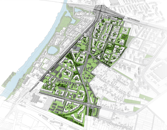 model 3D. Wizualizacja przedstawia widok z góry. Bryły istniejącej i projektowanej zabudowy. Kolorem zielonym podkreślono tereny zieleni i drzewa. Niebieskim kolorem zaznaczono wody.