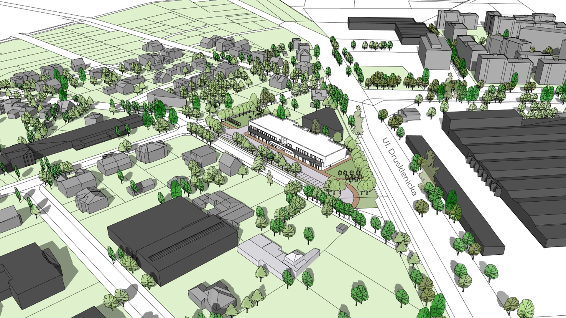 model 3D. Wizualizacja przedstawia widok z góry. Bryły istniejącej zabudowy, w centalnej części biała bryła projektowanej zabudowy. Kolorem zielonym podkreślono tereny zieleni i drzewa.