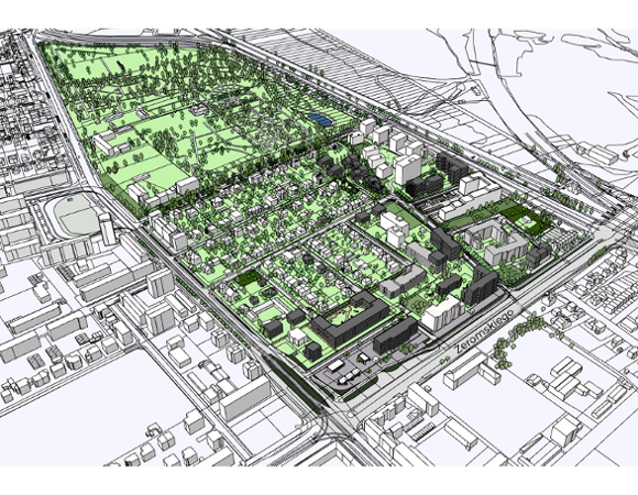 model 3D. Wizualizacja, widok z góry. Widoczne proste, białe bryły istniejącej zabudowy oraz szare bryły projektowanej zabudowy. Kolorem zielonym podkreślono tereny zieleni i drzewa między blokami. Z tawej strony wzdłuż ulicy napis: Żeromskiego.