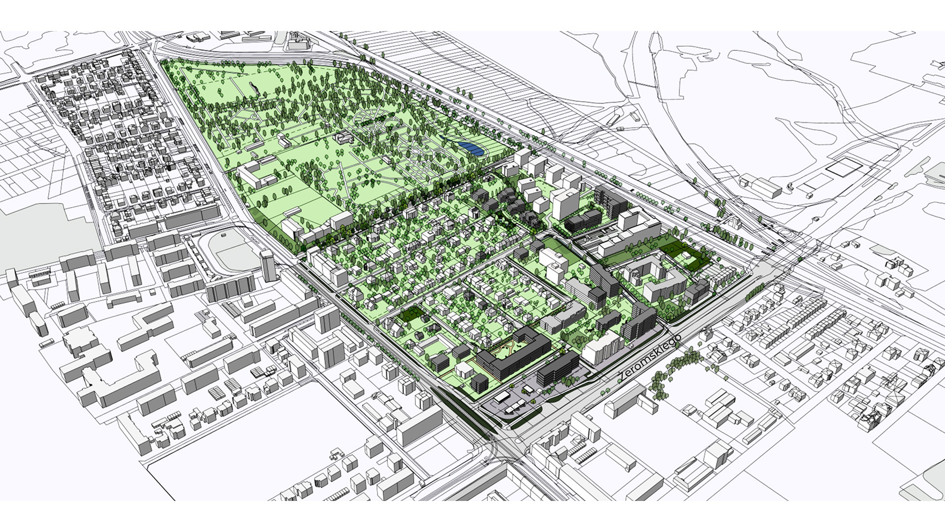 model 3D. Wizualizacja, widok z lotu ptaka, przedstawia bryły projektowanej i istniejącej zabudowy wzdłuż ulicy Żeromskiego, Dąbrowskiego i Świętego Wawrzyńca. Kolorem zielonym podkreślono tereny zieleni i drzewa. Na drugim planie zaznaczony zielonym kolorem teren Ogródu Botanicznego