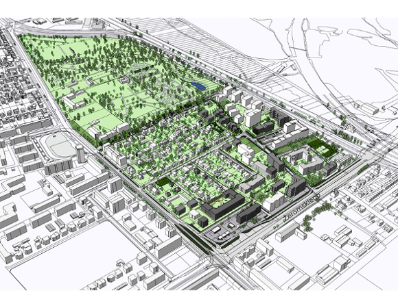 model 3D. Wizualizacja, widok z lotu ptaka, przedstawia bryły projektowanej i istniejącej zabudowy wzdłuż ulicy Żeromskiego, Dąbrowskiego i Świętego Wawrzyńca. Kolorem zielonym podkreślono tereny zieleni i drzewa. Na drugim planie zaznaczony zielonym kolorem teren Ogródu Botanicznego