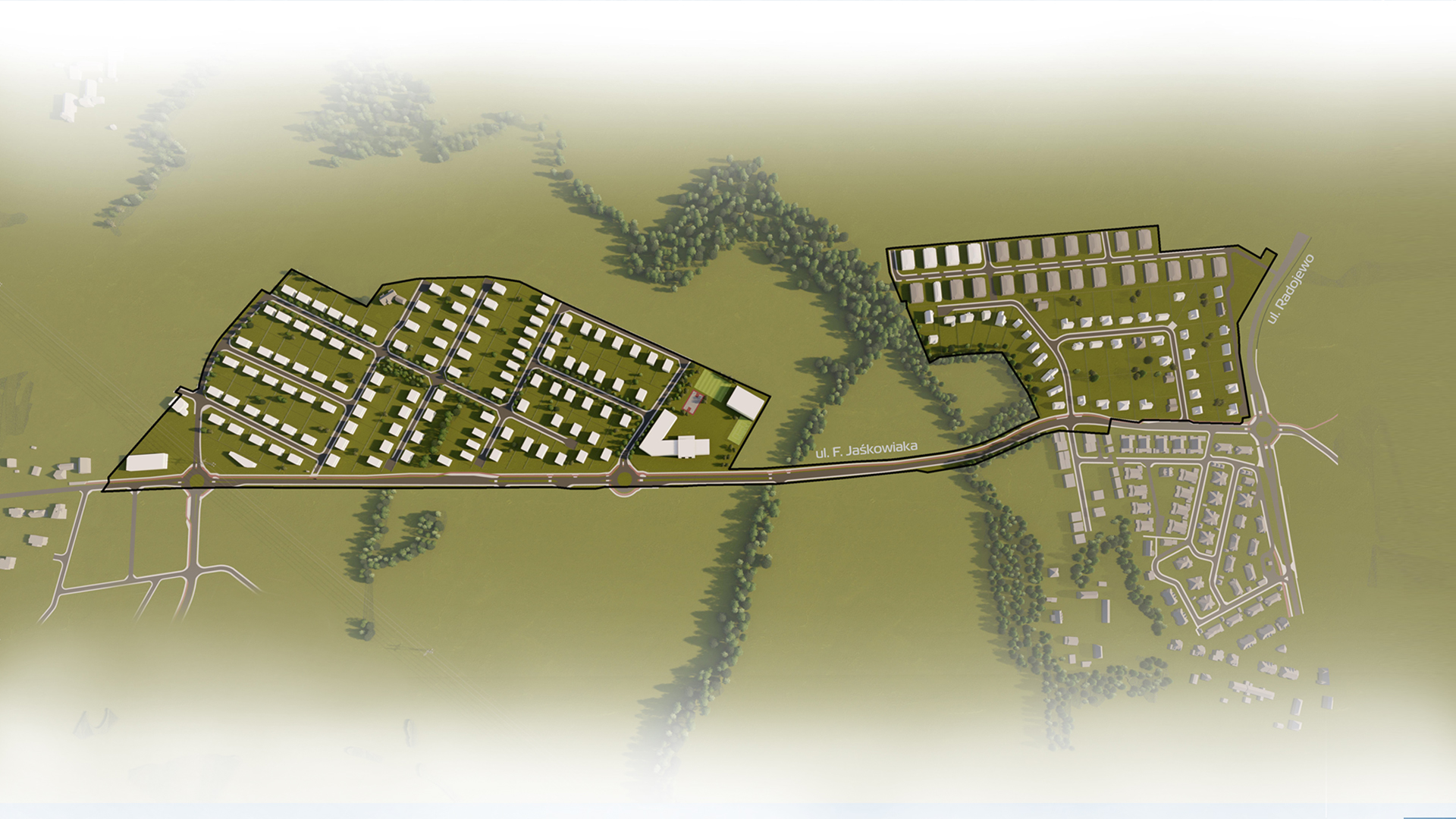 Model terenu - osiedle zabudowy jednorodzinnej, poszerzenie ul. F. Jaśkowiaka, obszar pod nową szkołę. - grafika artykułu
