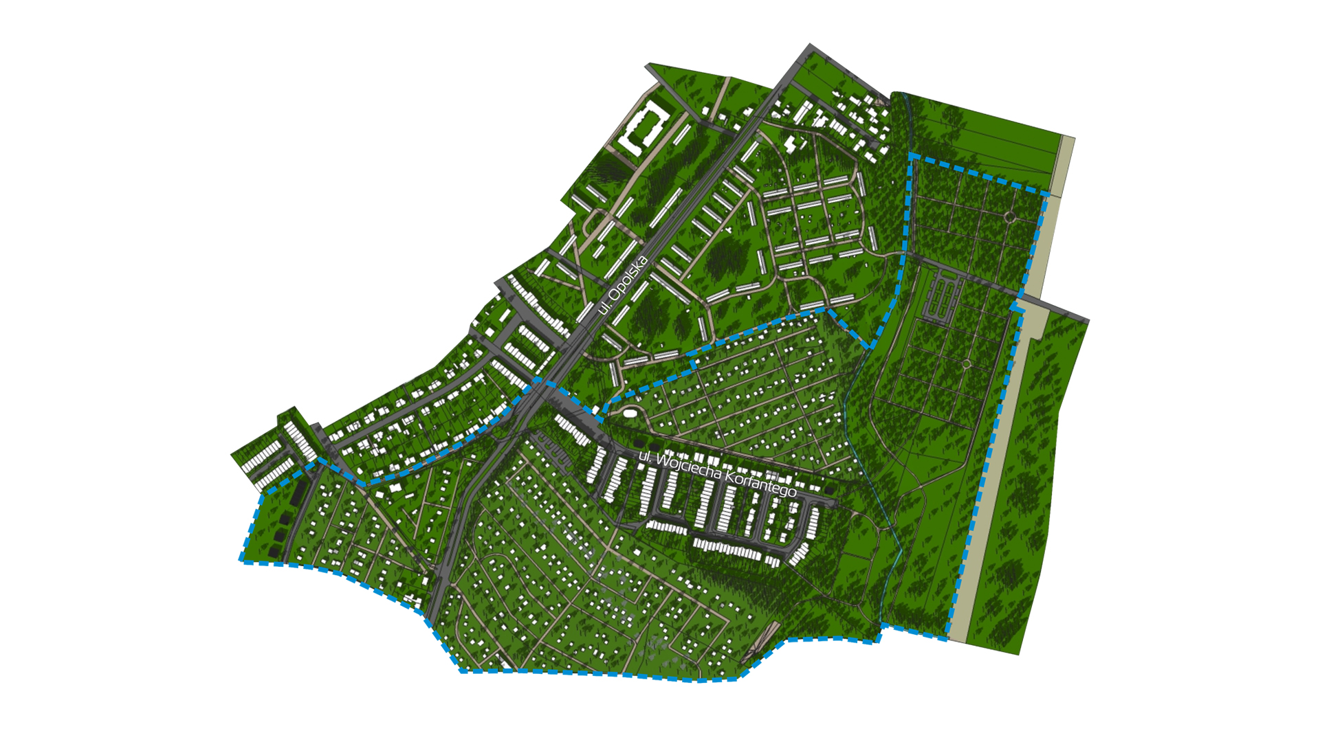 Model terenu - osiedle zabudowy jednorodzinnej, ogrody działkowe, cmentarz i zieleń wzdłuż cieku Górczynka - grafika artykułu