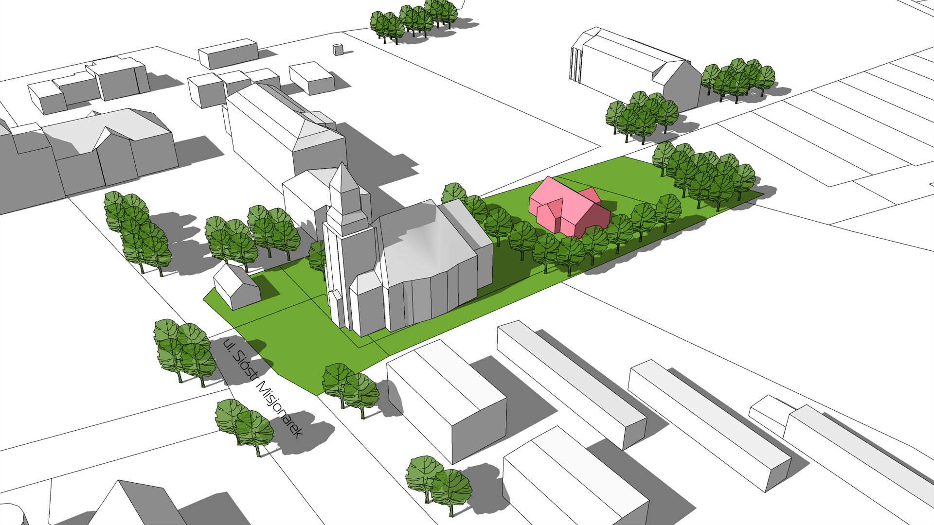 Wizualizacja. Propozycja zagospodarowania terenu wg projektu planu miejscowego. Model przedstawia proste bryły istniejących budynków oraz projektowanego budynku. - grafika artykułu