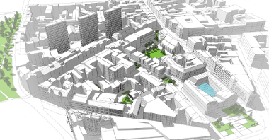 Wizualizacja. Propozycja zagospodarowania terenu wg projektu planu miejscowego. Model przedstawia proste bryły istniejących oraz projektowanych budynków.