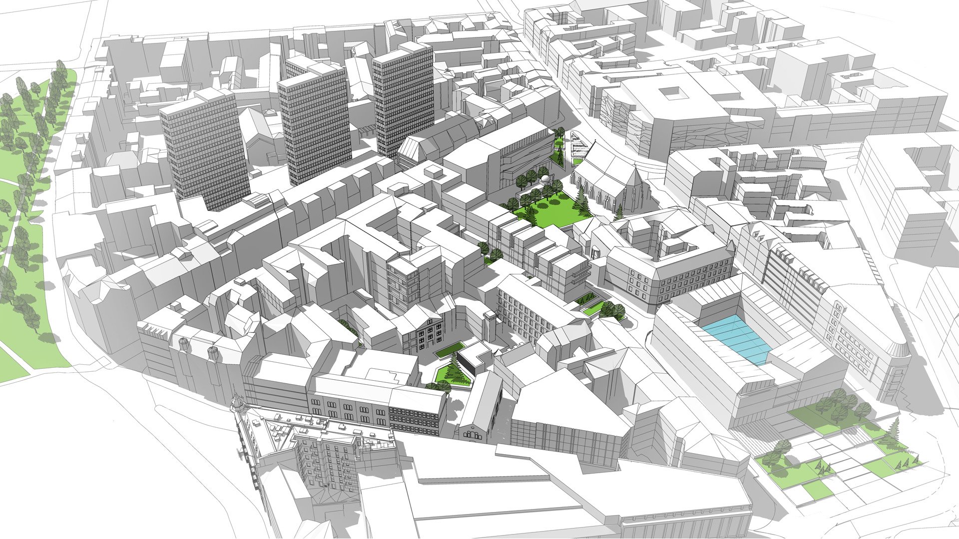 Wizualizacja. Propozycja zagospodarowania terenu wg projektu planu miejscowego. Model przedstawia proste bryły istniejących oraz projektowanych budynków. - grafika artykułu
