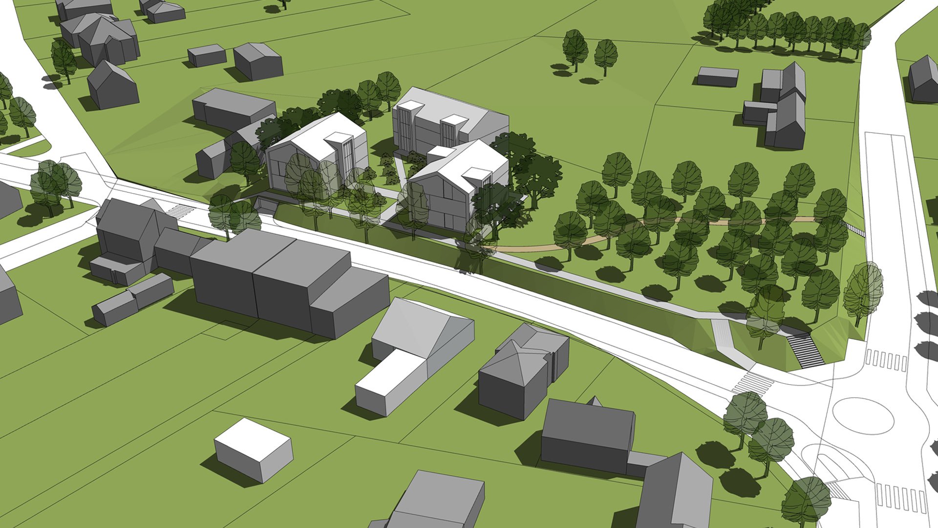 Wizualizacja. Propozycja zagospodarowania terenu wg projektu planu miejscowego. Model przedstawia proste bryły istniejących oraz projektowanych budynków. Budynki otoczone sa drzewami i zielenią. - grafika artykułu