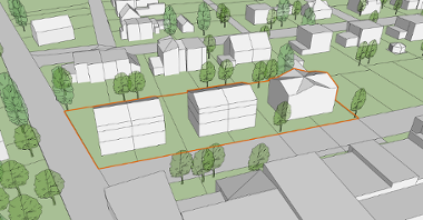Wizualizacja. Propozycja zagospodarowania terenu wg projektu planu miejscowego. Model przedstawia proste bryły istniejących budynków oraz projektowanych.