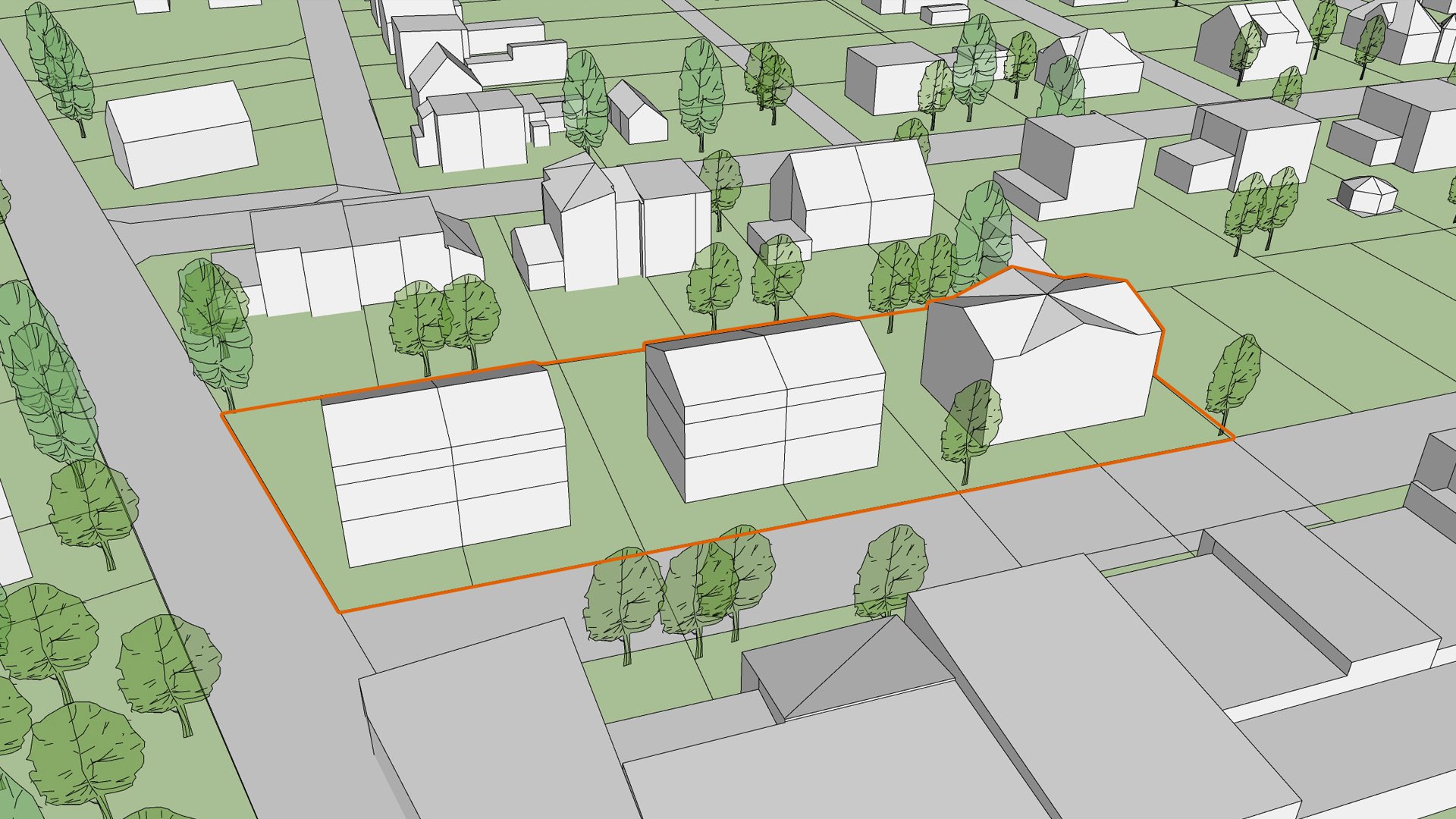 Wizualizacja. Propozycja zagospodarowania terenu wg projektu planu miejscowego. Model przedstawia proste bryły istniejących budynków oraz projektowanych. - grafika artykułu