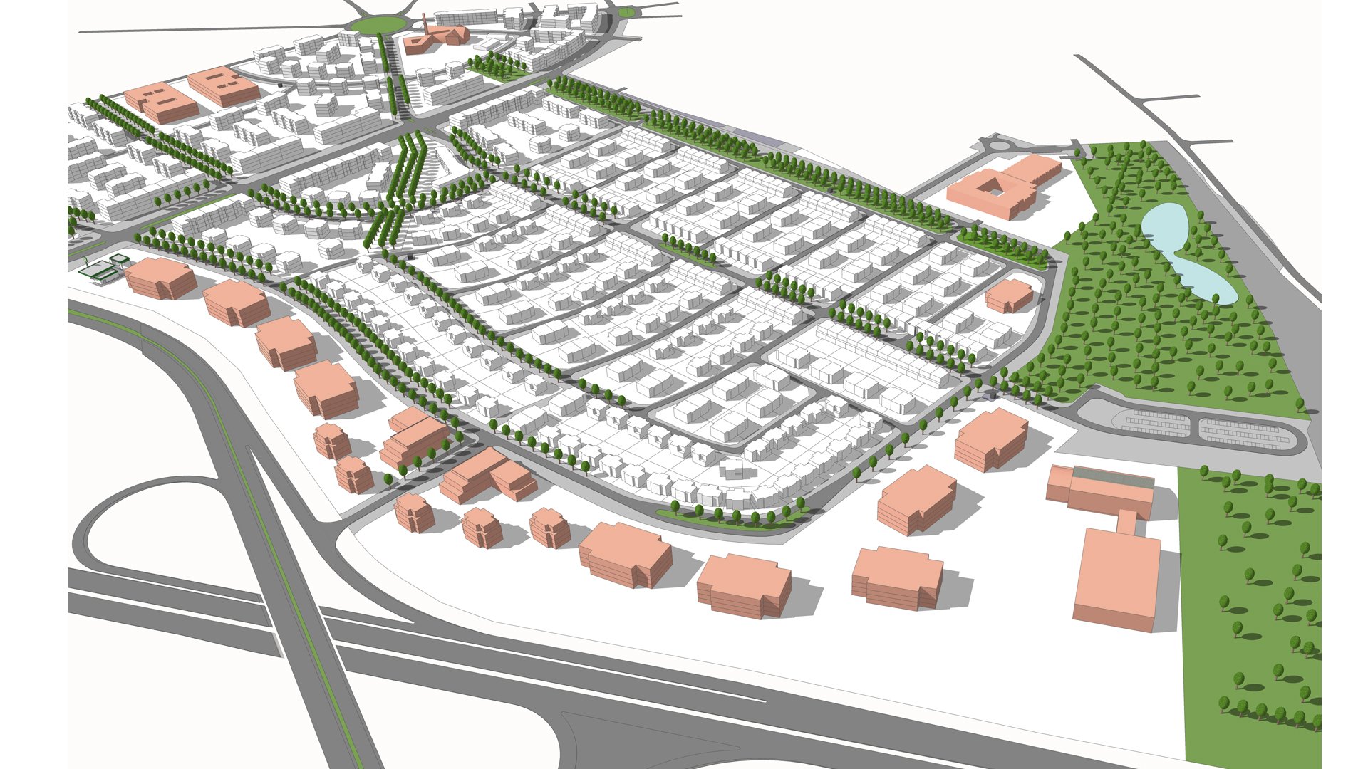 Wizualizacja. Propozycja zagospodarowania terenu wg projektu planu miejscowego. Model przedstawia bryły istniejącej i projektowanej zabudowy, planowany układ komunikacyjny oraz podkreślone kolorem zielonym tereny zieleni i drzewa. - grafika artykułu