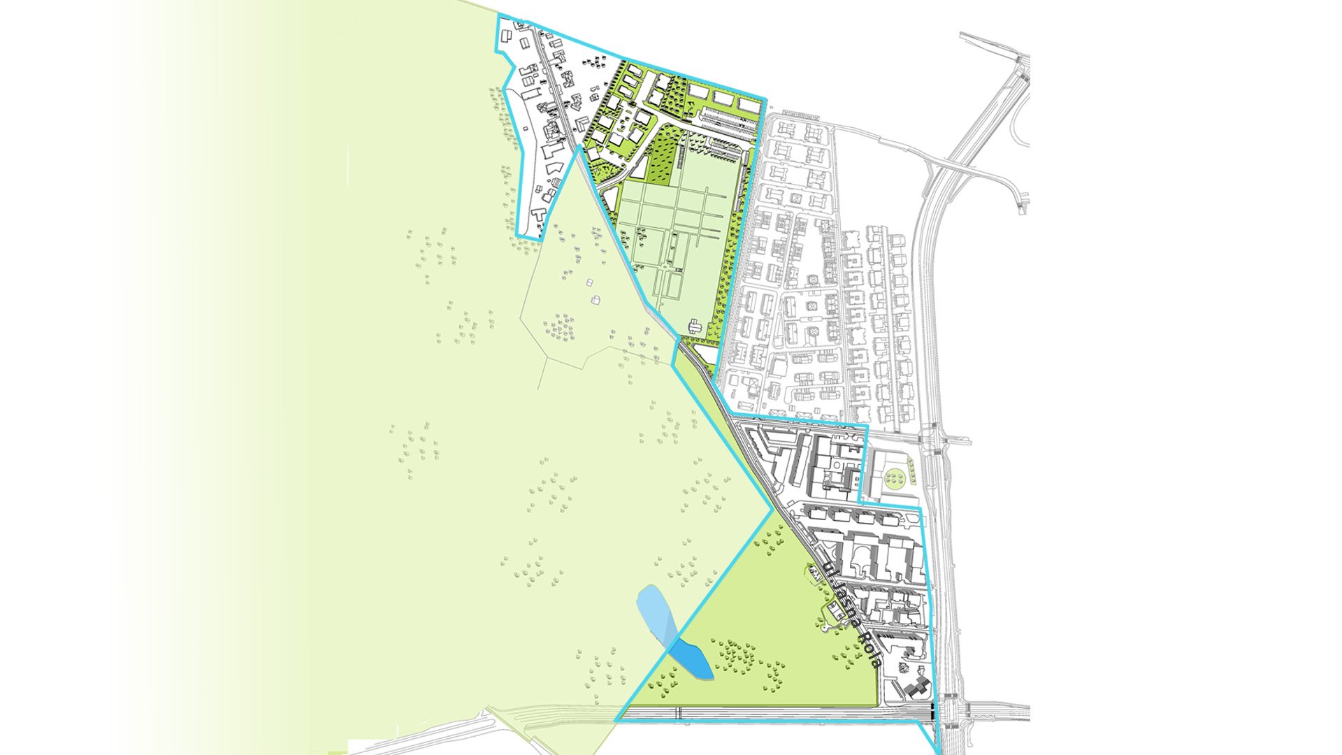 Wizualizacja. Propozycja zagospodarowania terenu wg projektu planu miejscowego. Model przedstawia bryły istniejącej i projektowanej zabudowy, planowany układ komunikacyjny oraz podkreślone kolorem zielonym tereny zieleni i drzewa. - grafika artykułu