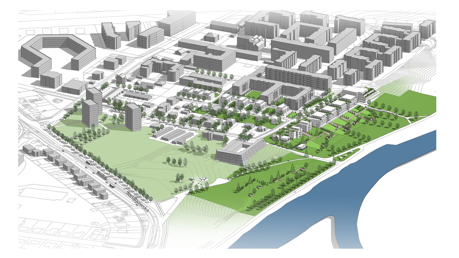 Wizualizacja. Propozycja zagospodarowania terenu wg projektu planu miejscowego. Model przedstawia proste bryły istniejących budynków oraz projektowanych - grafika artykułu