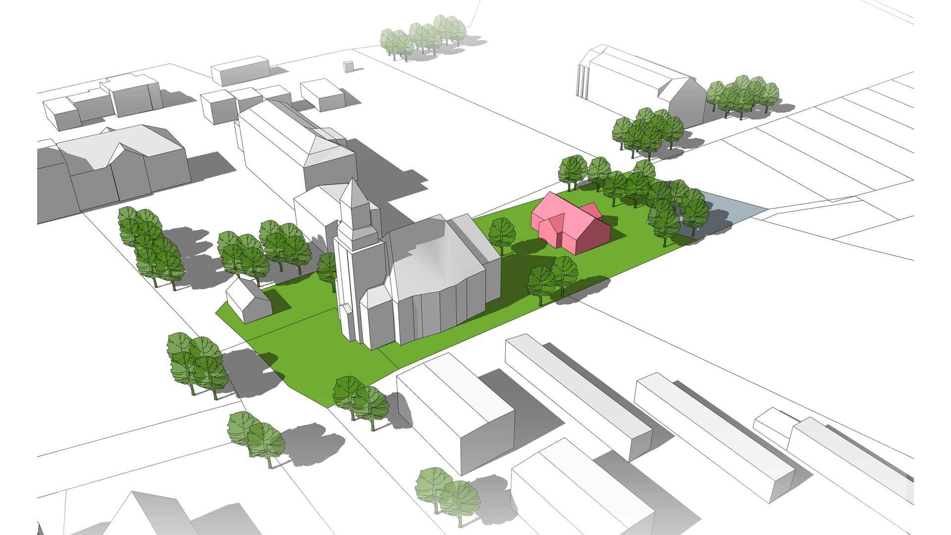 Wizualizacja. Propozycja zagospodarowania terenu wg projektu planu miejscowego. Model przedstawia bryły istniejącej i projektowanej zabudowy, oraz podkreślone kolorem zielonym tereny zieleni i drzewa. Budynki projektowane podkreślone są kolorem czerwonym. - grafika artykułu