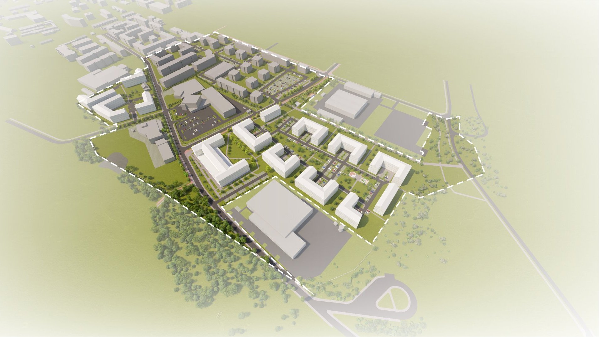 Wizualizacja. Propozycja zagospodarowania terenu wg projektu planu miejscowego. Model przedstawia bryły istniejącej i projektowanej zabudowy, oraz podkreślone kolorem zielonym tereny zieleni i drzewa. - grafika artykułu