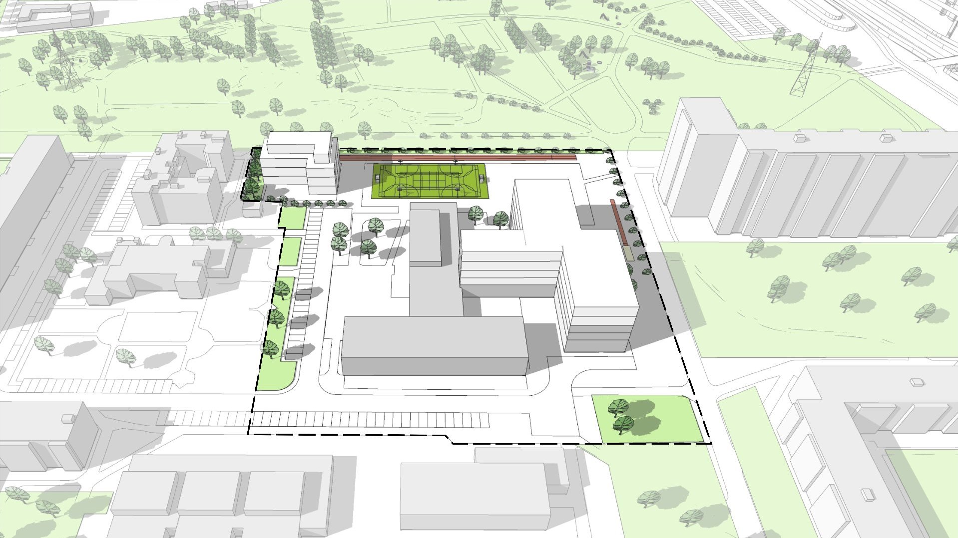 Model terenu. Propozycja zagospodarowania wg projektu planu miejscowego. Model przedstawia bryły istniejącej i projektowanej zabudowy, oraz podkreślone kolorem zielonym tereny zieleni i drzewa. - grafika artykułu