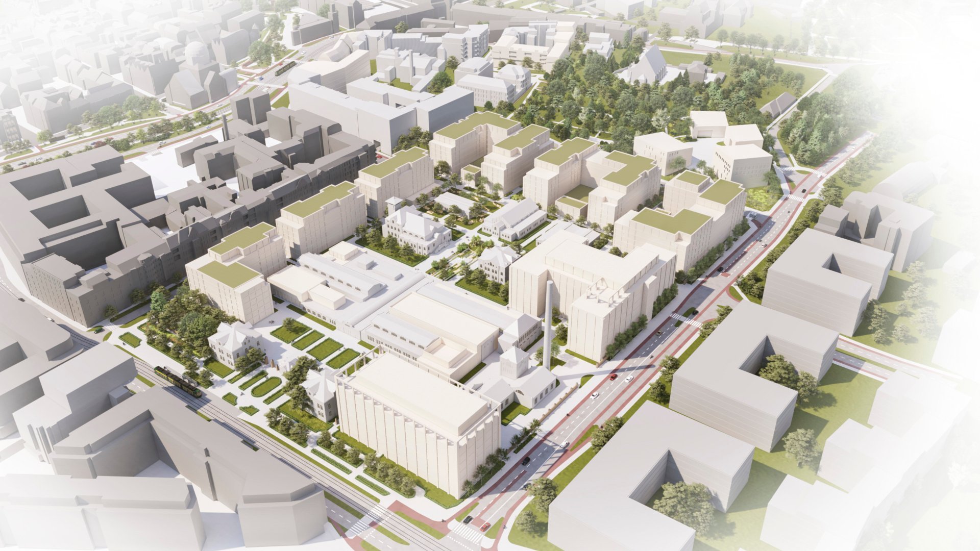 Wizualizacja. Propozycja zagospodarowania terenu wg projektu planu miejscowego. Model przedstawia bryły istniejącej i projektowanej zabudowy, oraz podkreślone kolorem zielonym tereny zieleni i drzewa. - grafika artykułu