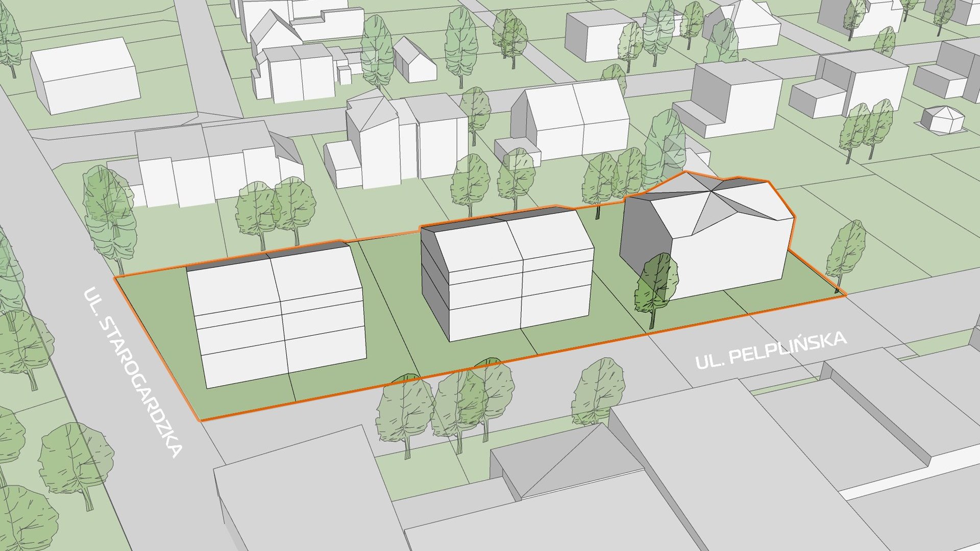 Wizualizacja. Propozycja zagospodarowania terenu wg projektu planu miejscowego. Model przedstawia bryły istniejącej i projektowanej zabudowy, oraz podkreślone kolorem zielonym tereny zieleni i drzewa. - grafika artykułu