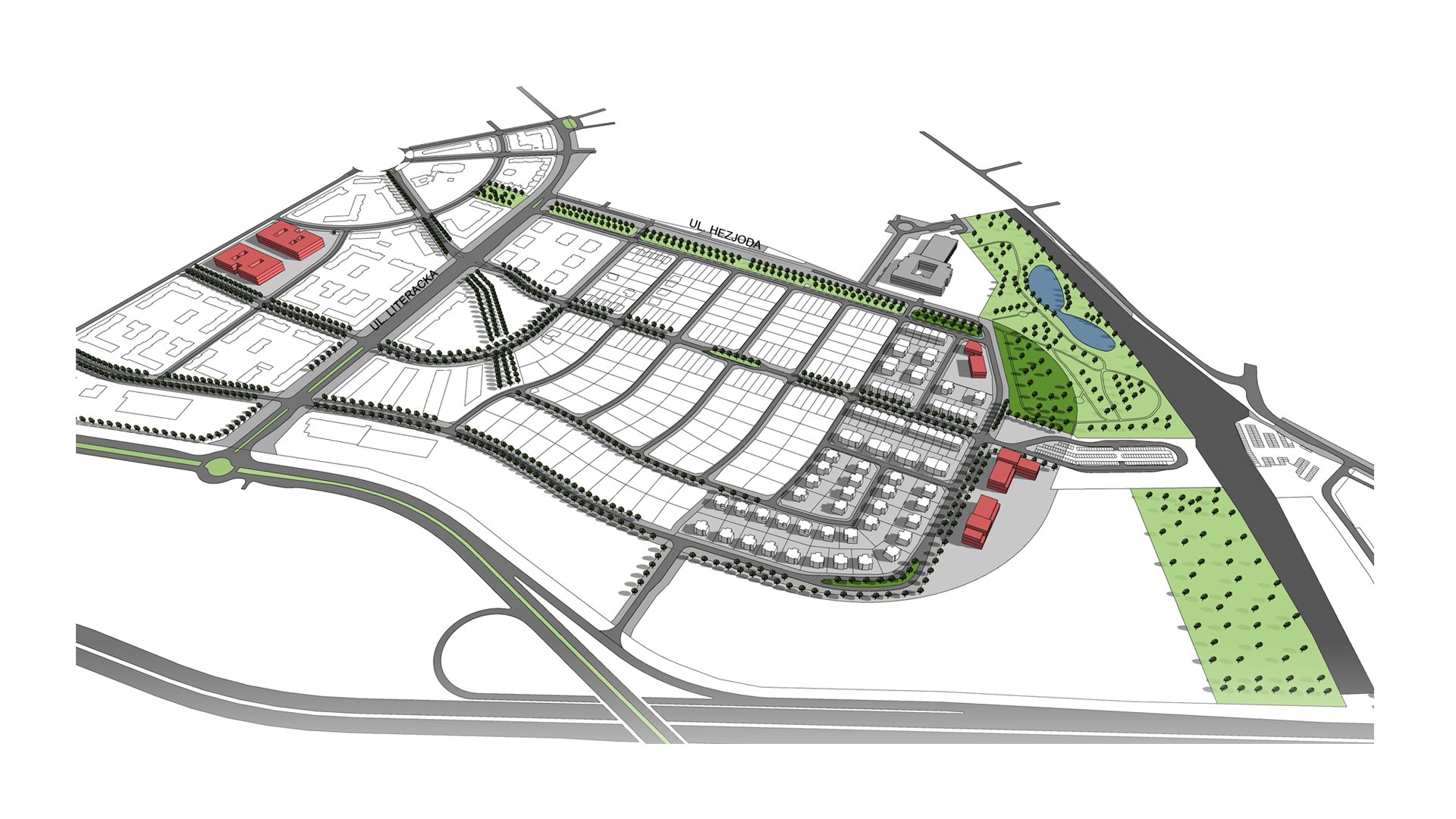 model 3D. Wizualizacja przedstawia bryły istniejącej i projektowanej zabudowy. Kolorem zielonym podkreślono tereny zieleni i drzewa. - grafika artykułu