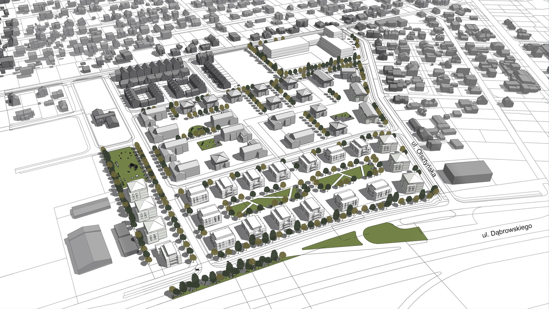 model 3D. Wizualizacja przedstawia bryły istniejącej i projektowanej zabudowy. Kolorem zielonym podkreślono tereny zieleni i drzewa. - grafika artykułu