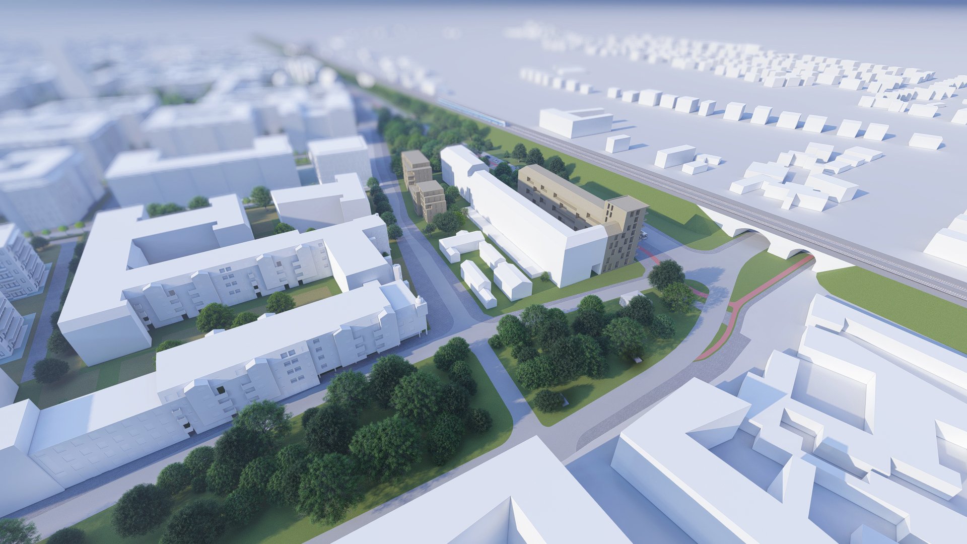 model 3D. Wizualizacja przedstawia widok z lotu ptaka. Bryły istniejącej i projektowanej zabudowy, przebieg układu komunikacyjnego. Kolorem zielonym podkreślono tereny zieleni i drzewa. - grafika artykułu