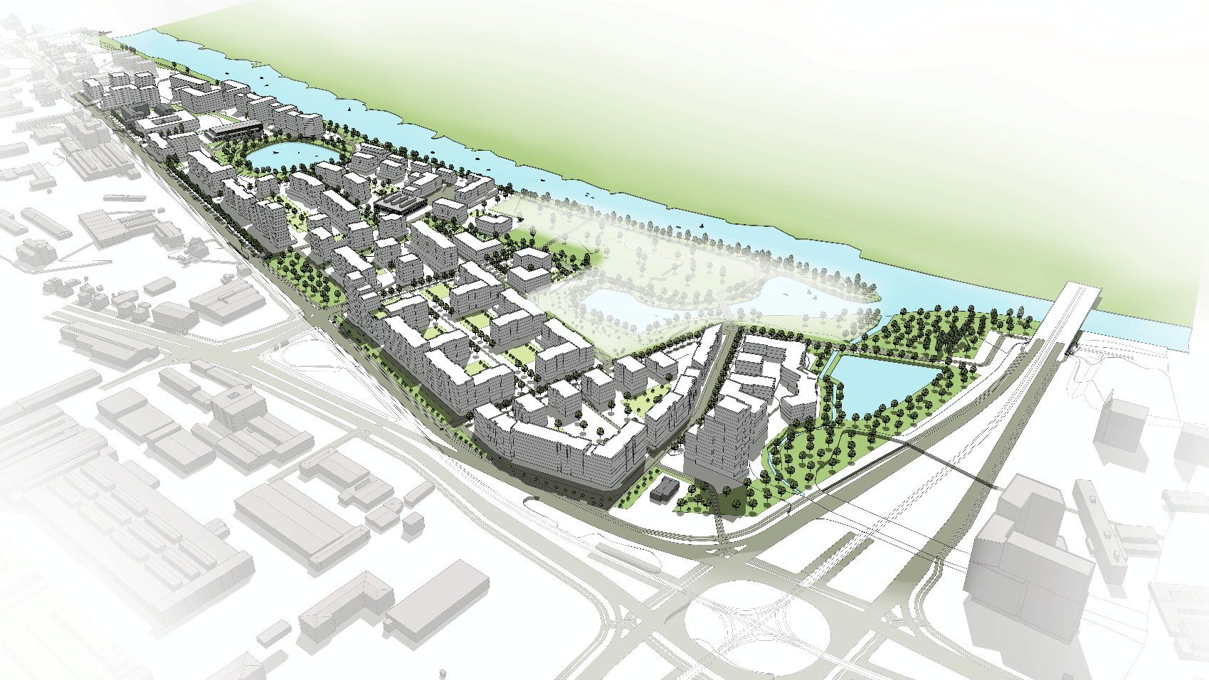 model 3D. Wizualizacja przedstawia widok z góry. Bryły istniejącej i projektowanej zabudowy. Kolorem zielonym podkreślono tereny zieleni i drzewa. Niebieskim kolorem zaznaczono wody.