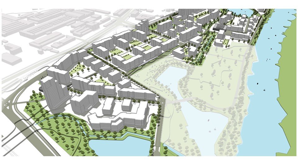 model 3D. Wizualizacja przedstawia widok z góry. Bryły istniejącej i projektowanej zabudowy. Kolorem zielonym podkreślono tereny zieleni i drzewa. Niebieskim kolorem zaznaczono wody.
