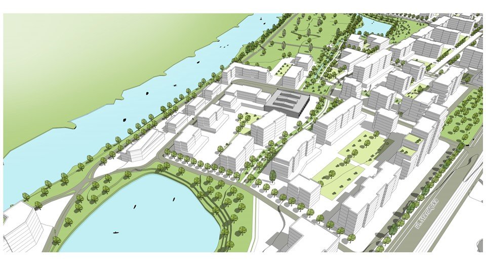 model 3D. Wizualizacja przedstawia widok z góry. Bryły istniejącej i projektowanej zabudowy. Kolorem zielonym podkreślono tereny zieleni i drzewa. Niebieskim kolorem zaznaczono wody.