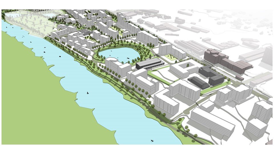 model 3D. Wizualizacja przedstawia widok z góry. Bryły istniejącej i projektowanej zabudowy. Kolorem zielonym podkreślono tereny zieleni i drzewa. Niebieskim kolorem zaznaczono wody.