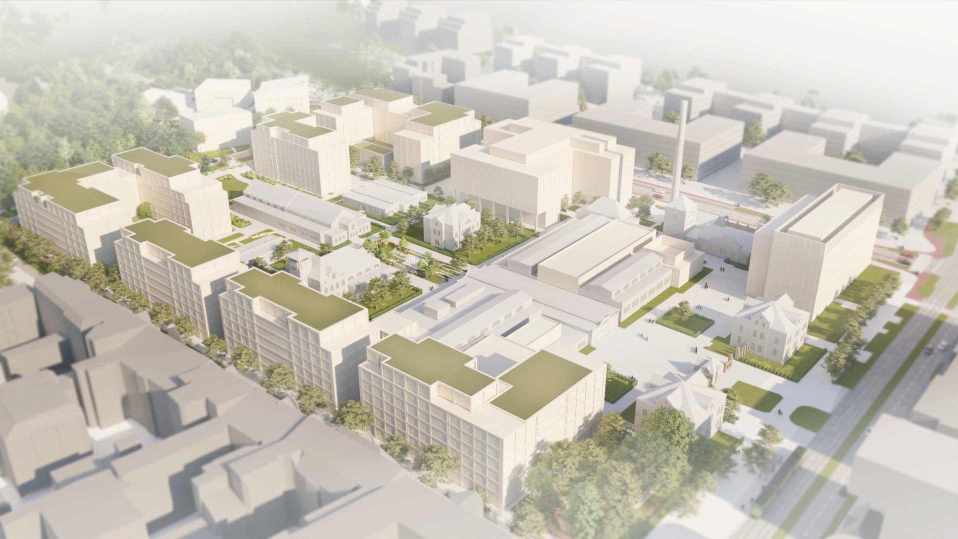 model 3D. Wizualizacja przedstawia bryły istniejącej i projektowanej zabudowy. Kolorem zielonym podkreślono tereny zieleni i drzewa.